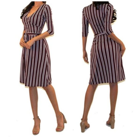 Burgundy White Stripe Faux Wrap Knee Length Dress - Picture 5 of 5